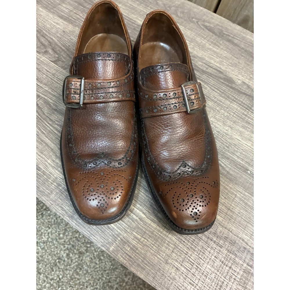 Roblee Mens Brown Pebble Leather Wingtip Monk Strap Dress Shoes 7 D Vintage